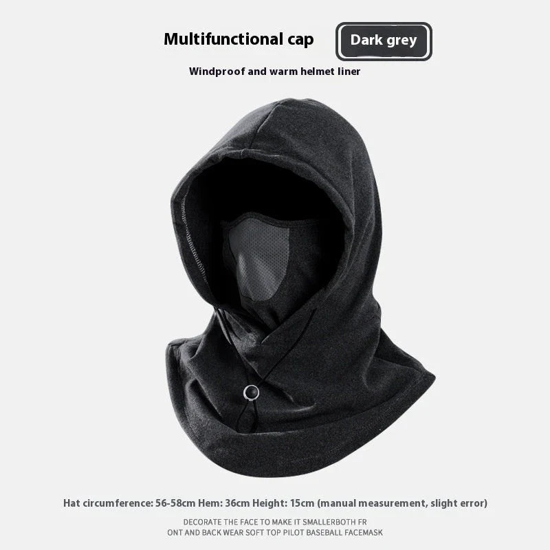 Versatile winter sports mask and hood made of soft, breathable fleece with adjustable drawstring for customized fit