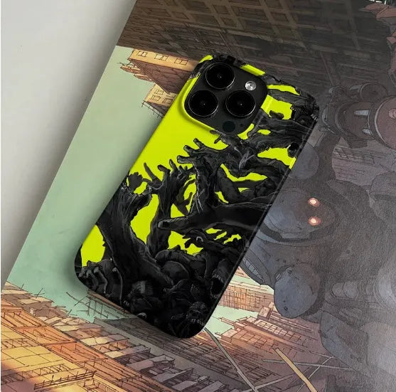 Art themed hard shell iPhone case shown in glossy and frosted finish options for iPhone models.
