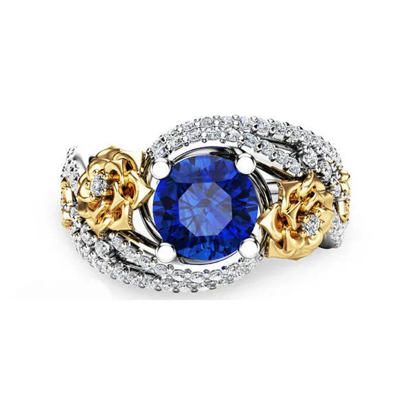 Flower rose two-tone copper ring for women with blue artificial gemstone on a white background