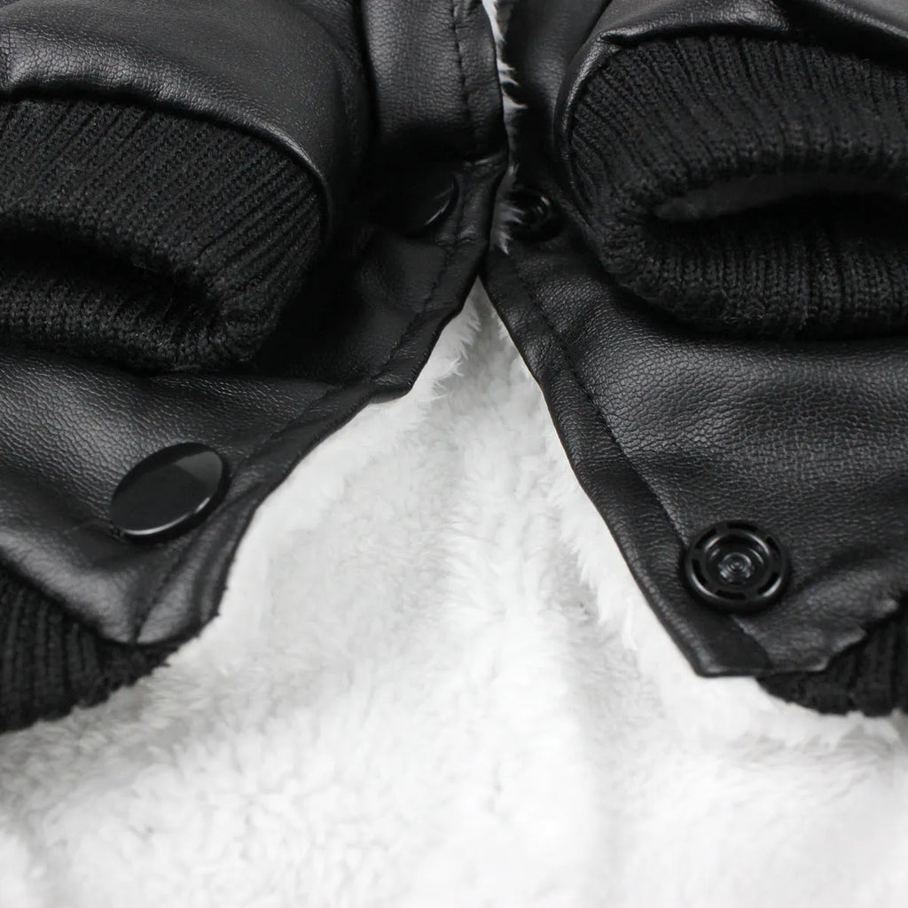 Leather dog coat with faux fur collar in British style for autumn and winter wear