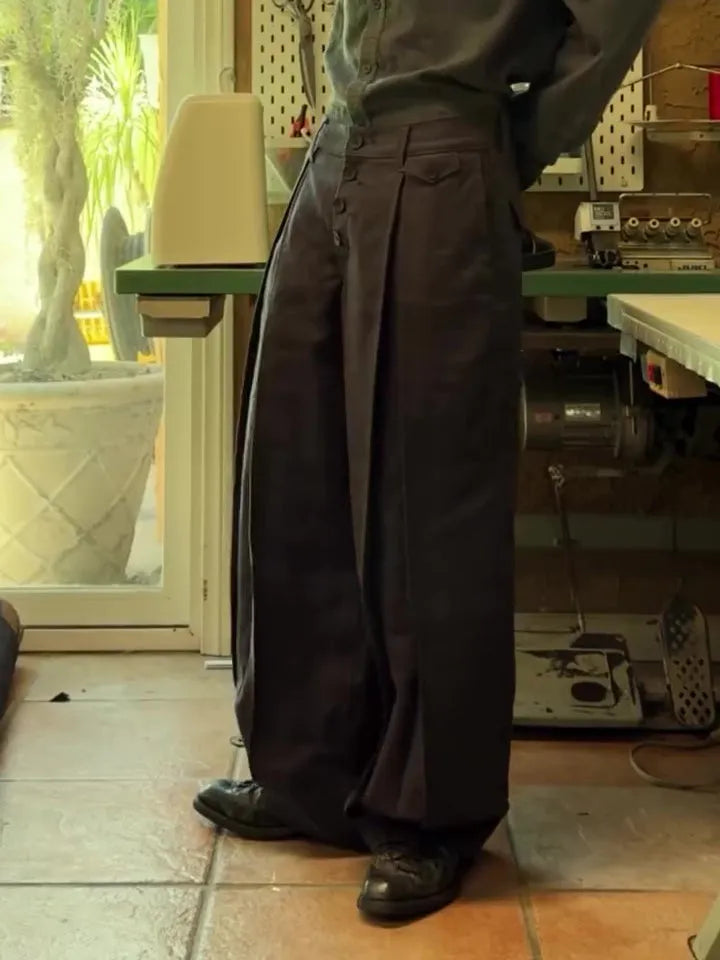 Black casual single-breasted linen wide-leg pants, full-length, regular fit, sizes S to 2XL.