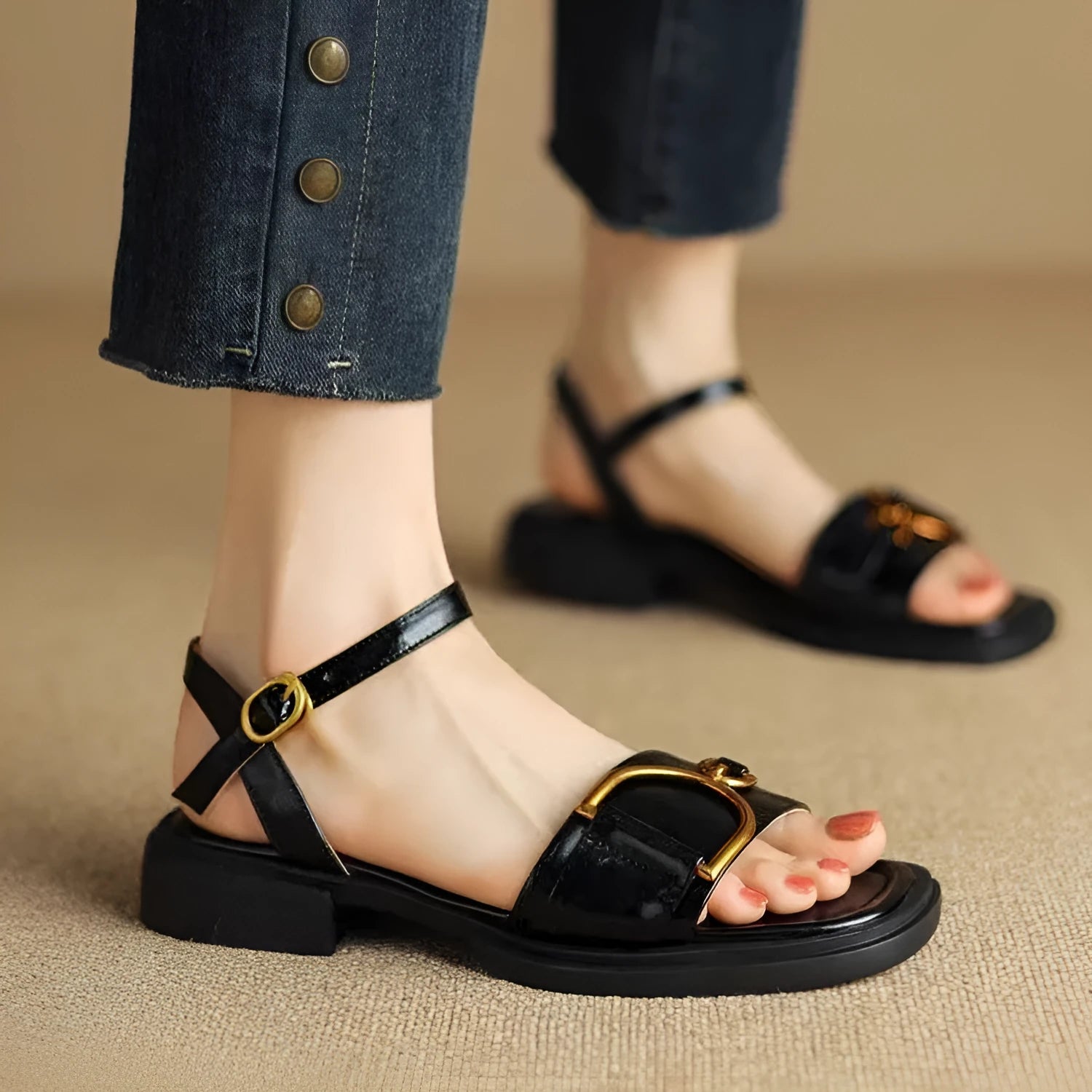Women's black leather sandals with a thick rubber sole and a round toe, fastened with a button.