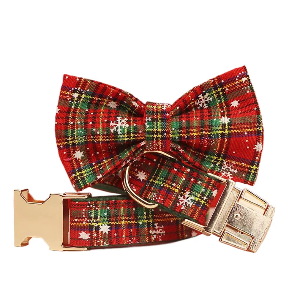 Green background snowflake Christmas pet collar set with matching dog vest and leash