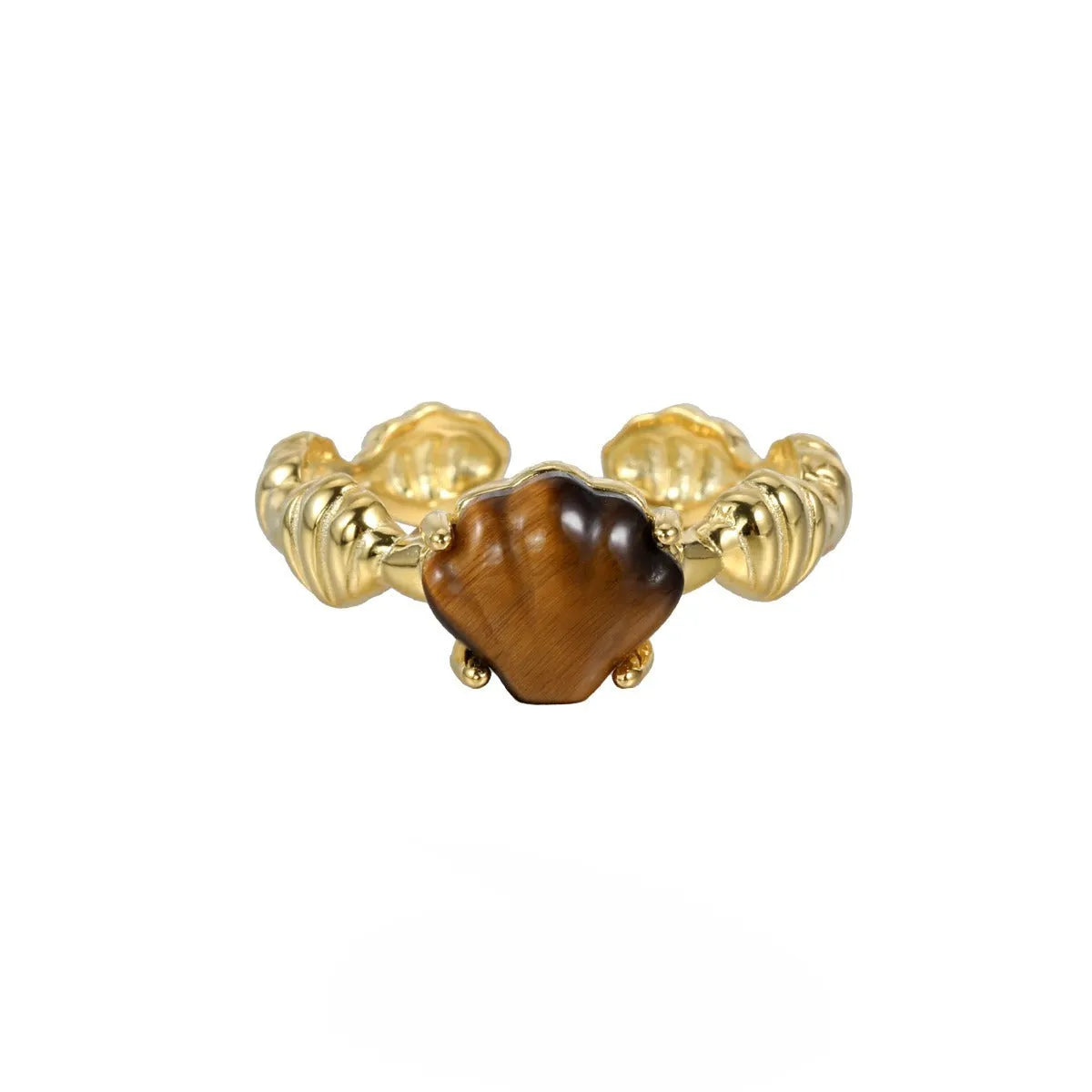 Adjustable silver ring with a shell design and tiger eye stone in white gold or gold finish.