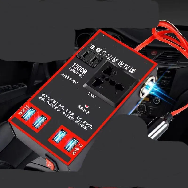 Black automotive power converter transforming 12V/24V vehicle power to 220V with USB charging ports