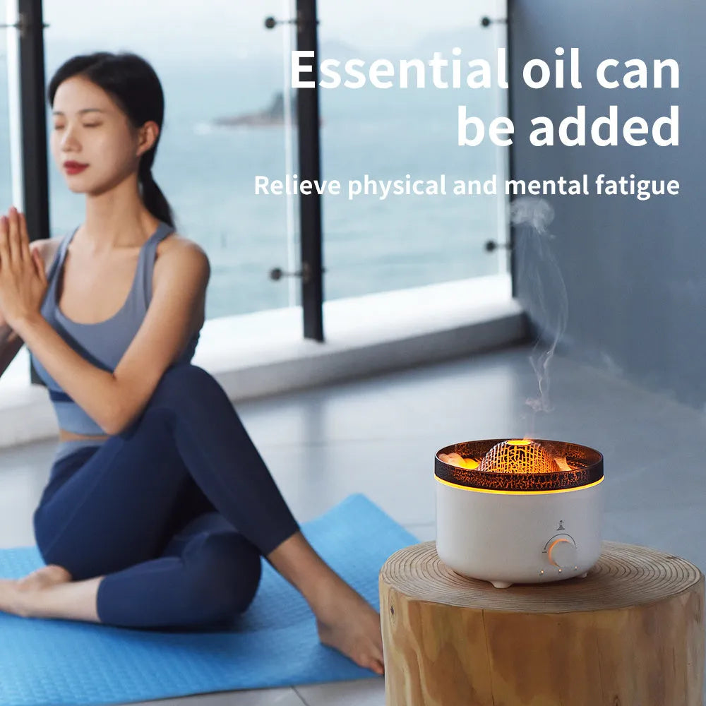 White volcano-shaped humidifier with flame effect lighting and remote control