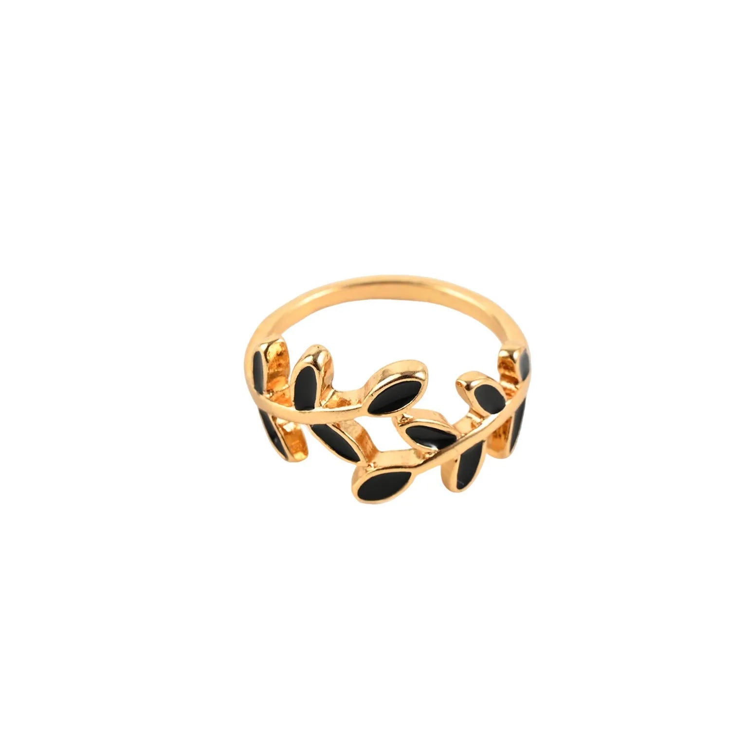 Gold geometric leaf and floral acrylic ring for women on a white background.