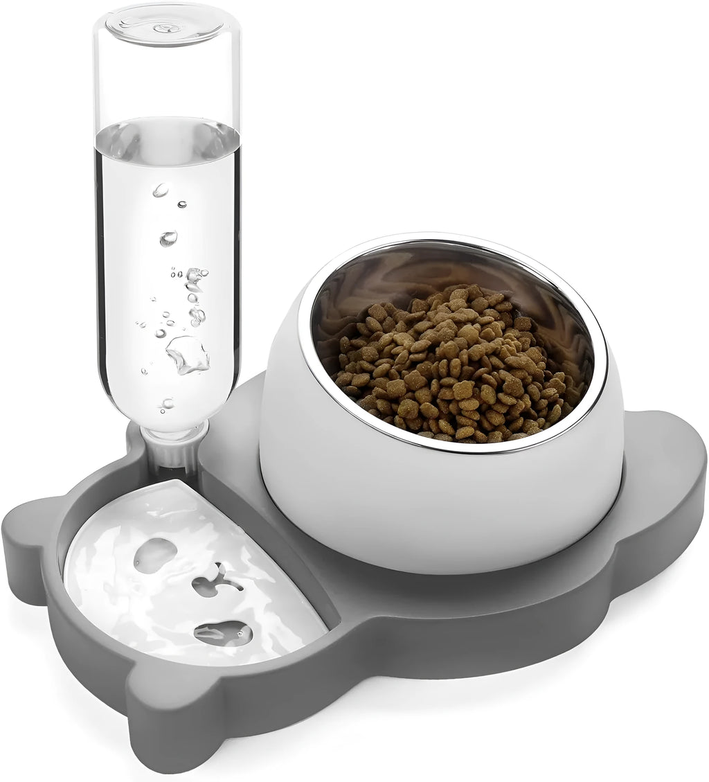 Grey and green panda-shaped raised pet bowl set with tilted bowls and a large water bottle.
