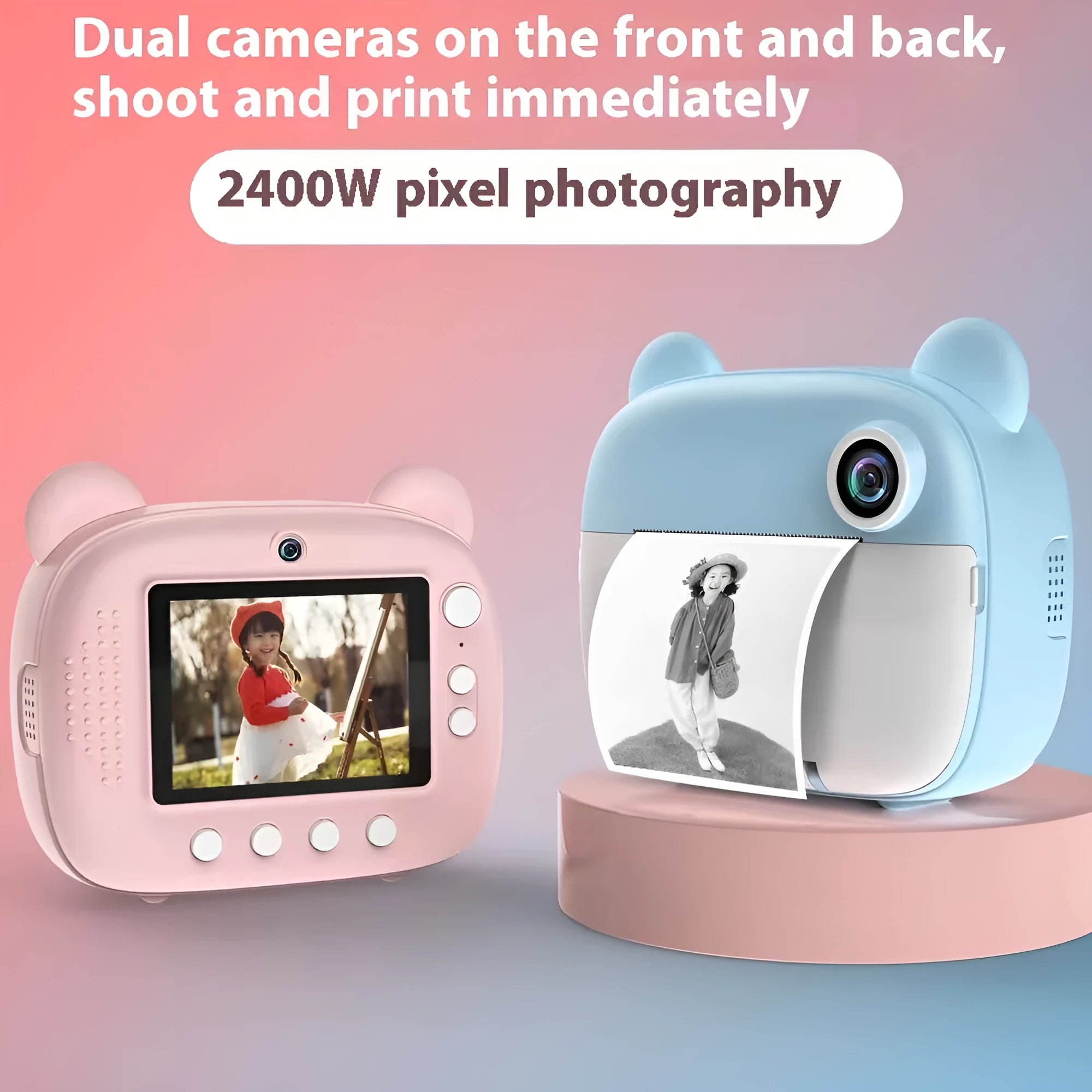 Pink children's SLR-style toy camera with a double lens on a white background.