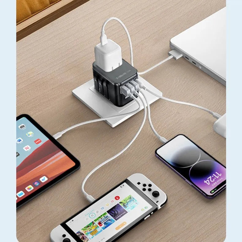 Universal travel adapter UA12 with 4 outlets and USB ports, black, 70x64x48mm