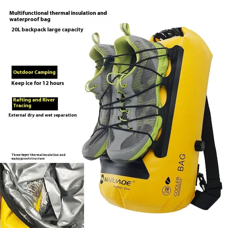 Yellow and black 20L waterproof PVC backpack with dry-wet separation compartments for outdoor activities