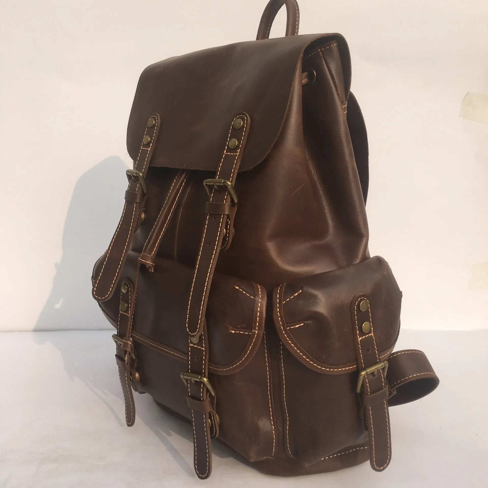 Coffee brown genuine leather men's backpack with air pillow belt back support system