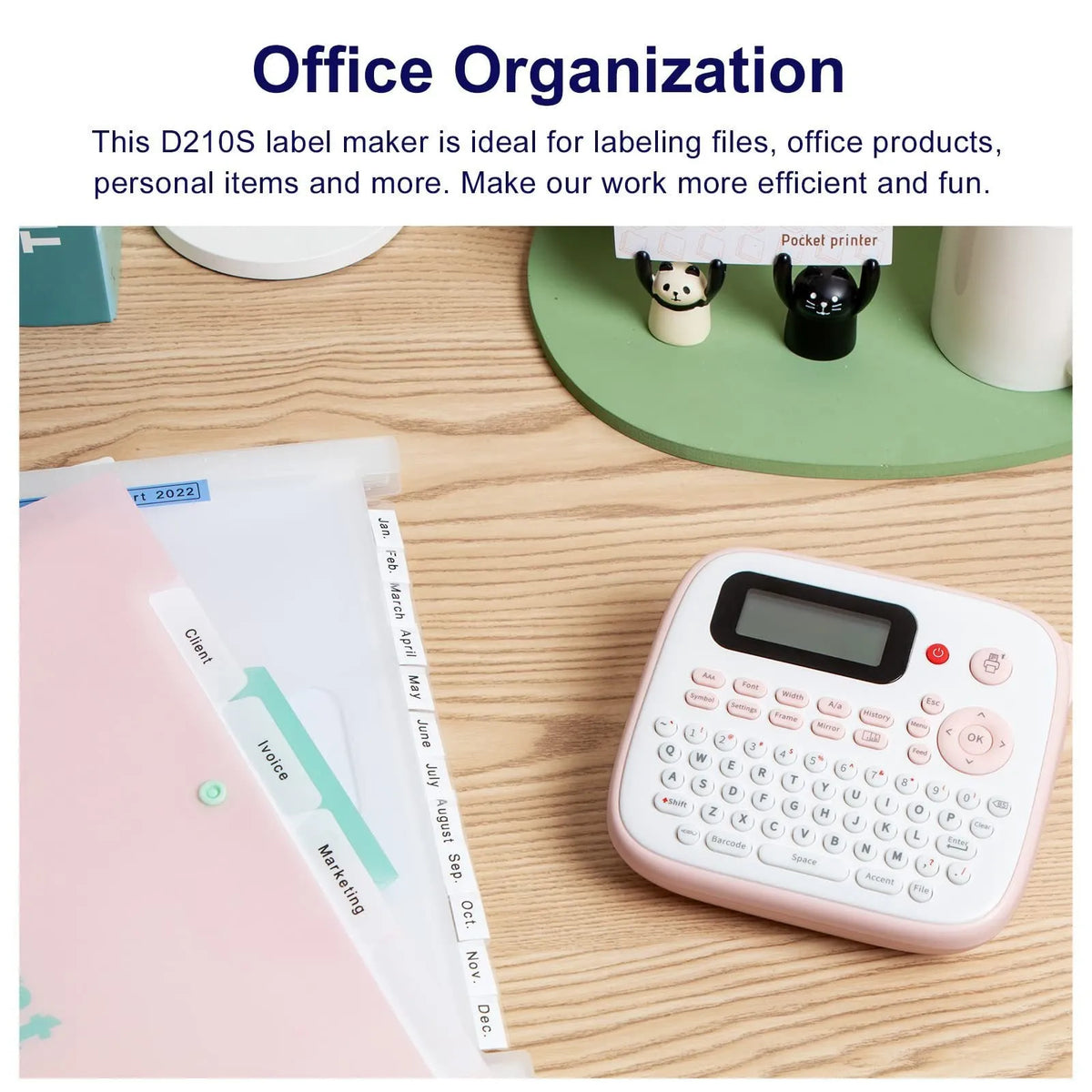 Mini portable label printer in pink or yellow with JM-231 black on white label tape, AC adapter, and replacement cutter holder