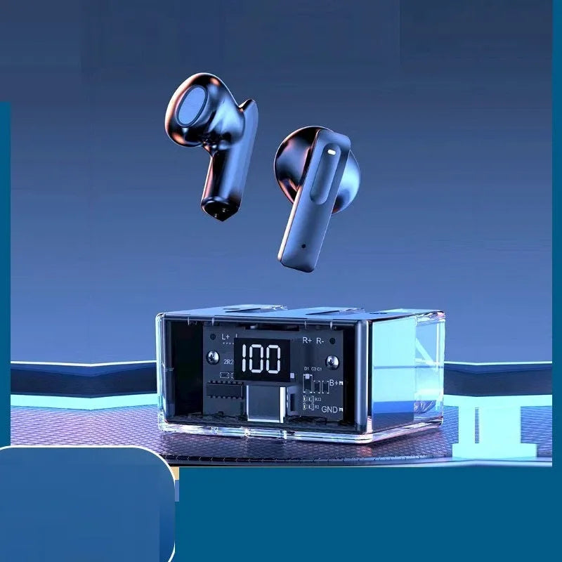 Transparent case true wireless Bluetooth headphones showing digital display and multiple colour options