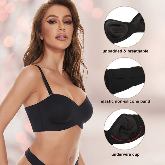 A seamless, invisible bra with removable push-up cups and a steel ring for added support and lift