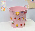 Round metal desk organiser pen holder in various colours including pink, green, red, white, and yellow.