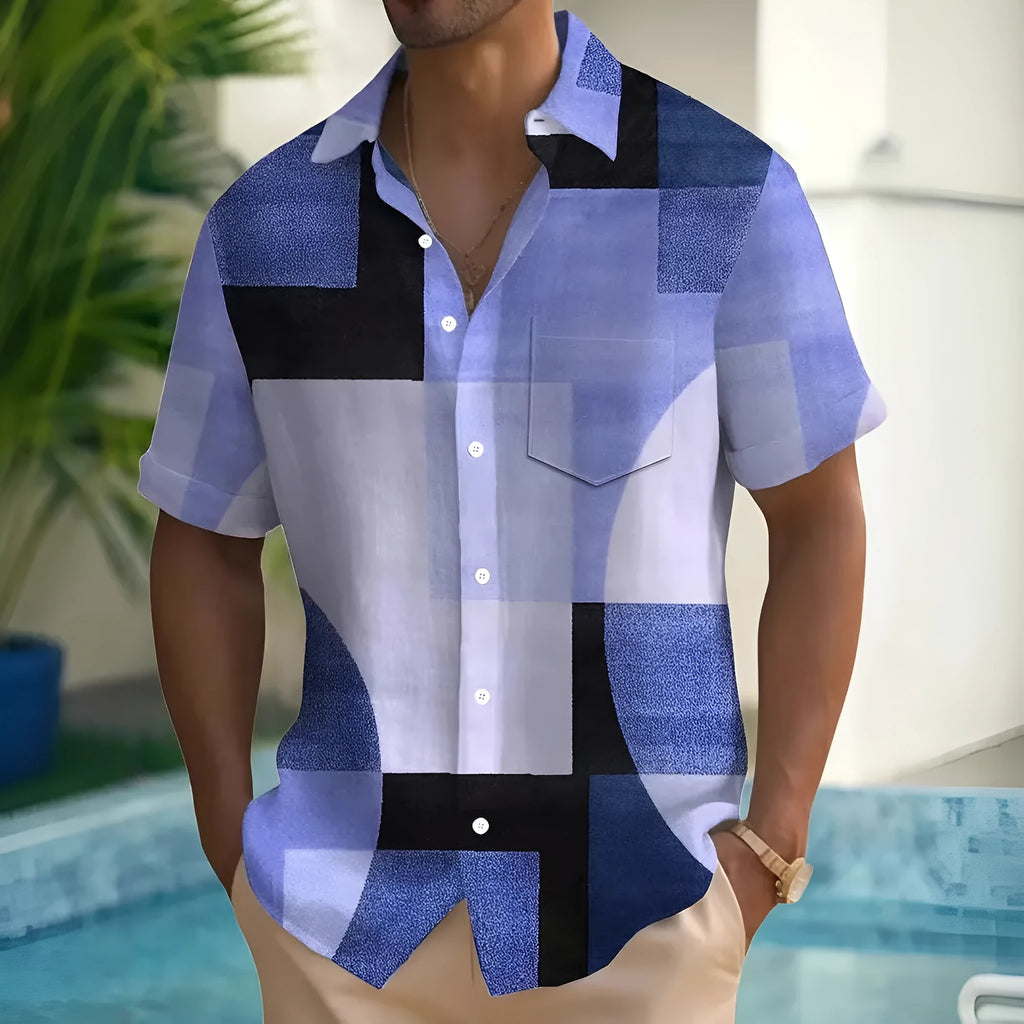 Men's retro geometric pattern cardigan shirt in loose fit with contrasting square design