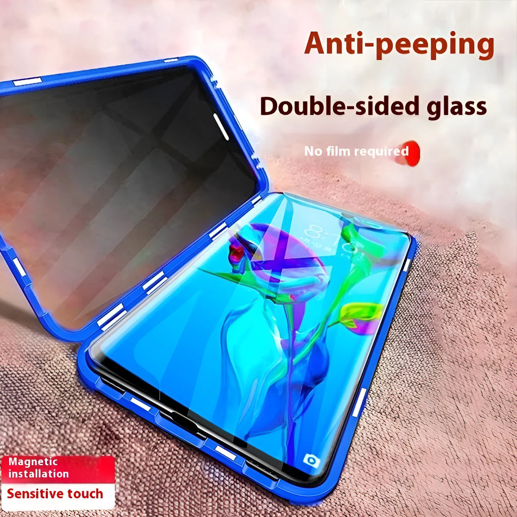 Samsung S24 Plus magnetic flip case with double-sided peep-proof glass and metal frame in black