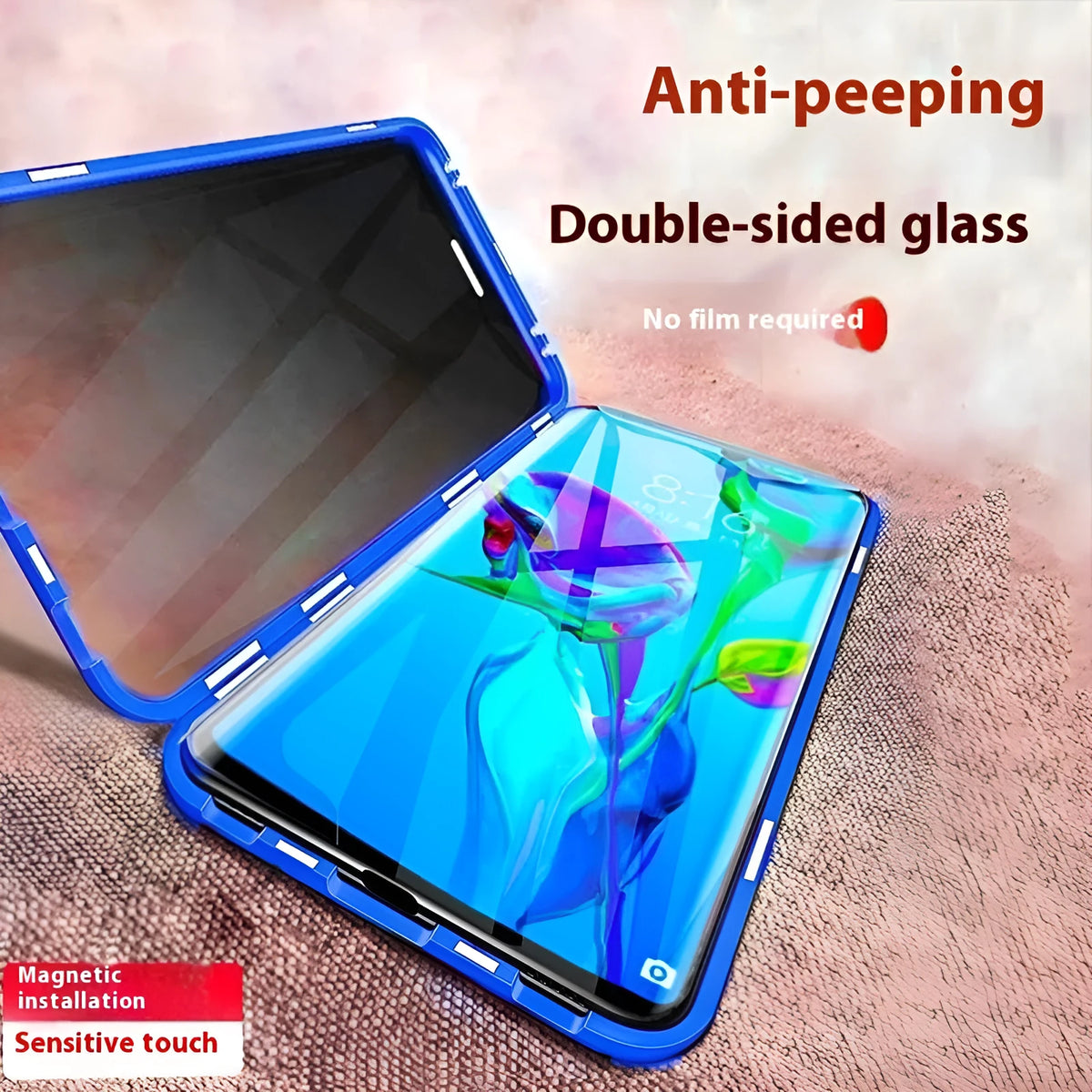 Samsung S24 Plus magnetic flip case with double-sided peep-proof glass and metal frame in black