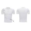 Men's black slim-fit cotton T-shirt with metal stand-up belt collar and short sleeves