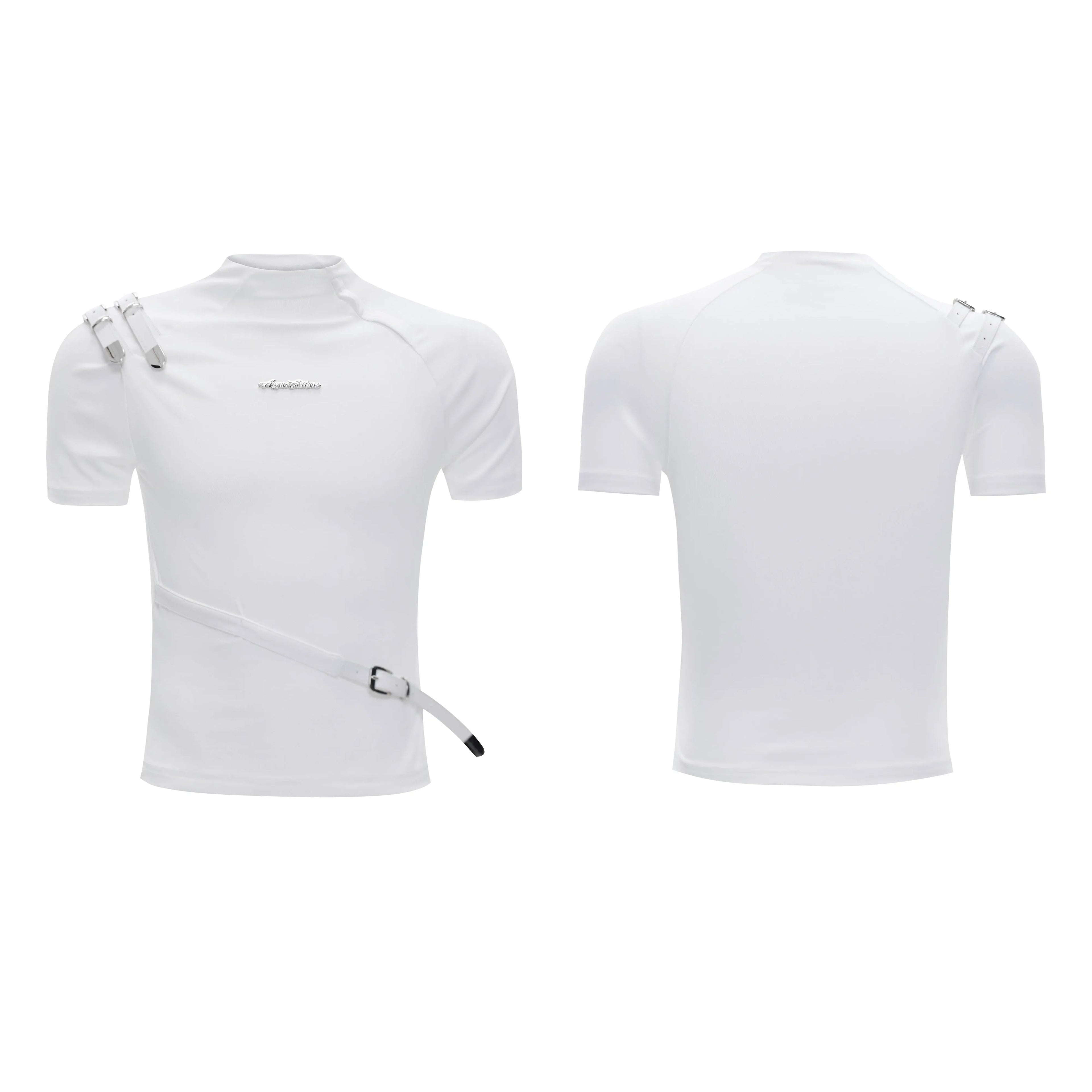 Men's black slim-fit cotton T-shirt with metal stand-up belt collar and short sleeves