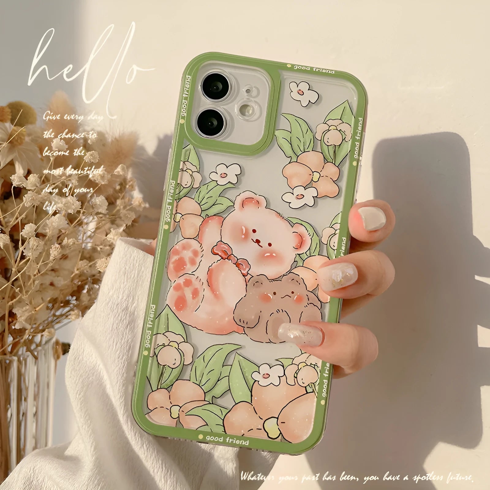 Transparent silicone TPU phone case with hand-painted bear and floral design for iPhone models