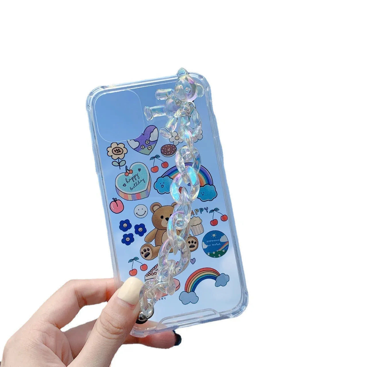 iPhone mobile phone case with a bear chain and pendant in a cartoon style.