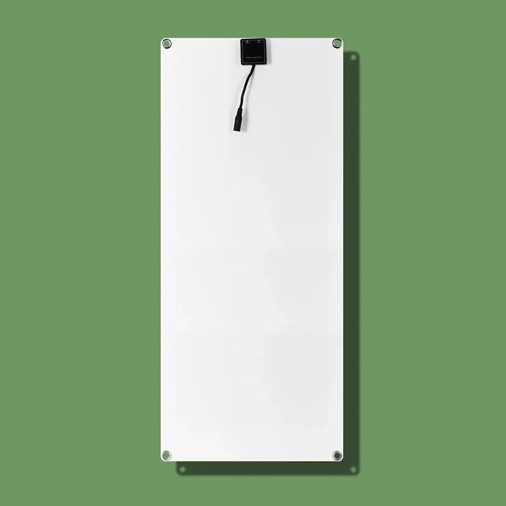 Black semi-flexible 30W solar panel showing USB charging port for outdoor use.