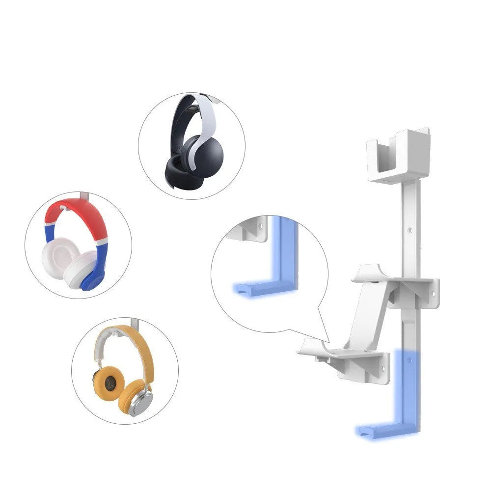 White wall-mounted hook holding a PS5 controller and gaming headset.