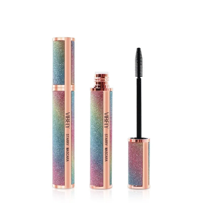 Black waterproof mascara creating 4D curl effect with long thick lashes in English packaging
