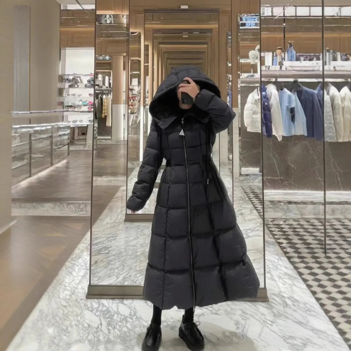 Black hooded down jacket for women, 65cm medium length, viscose fibre, white duck down, sizes 1-4.