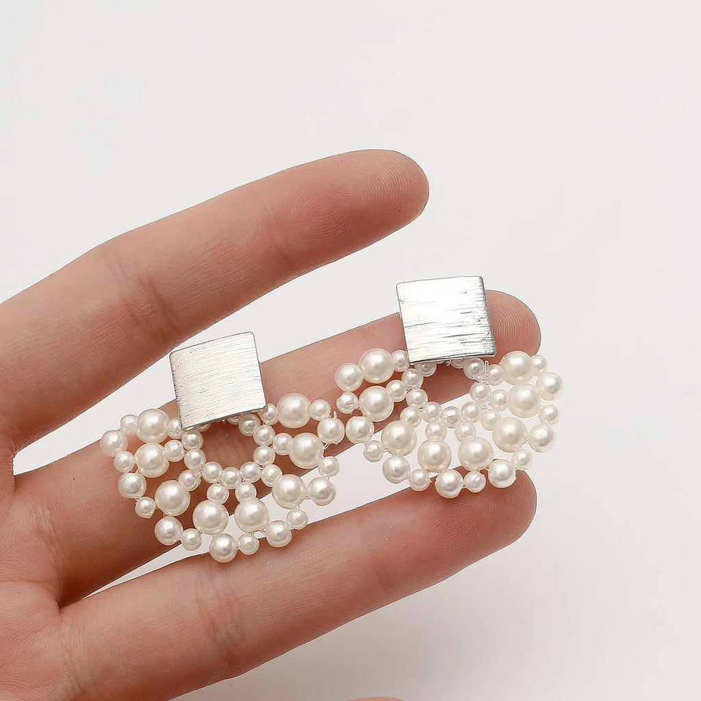 Handmade woven scalloped pearl stud earrings in 14K true gold electroplating alloy