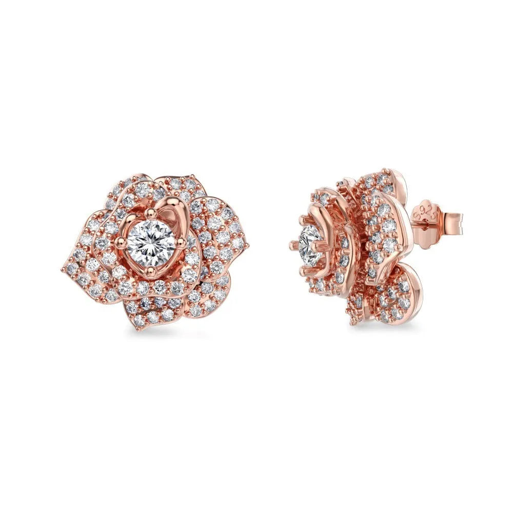 S925 sterling silver stud earrings with rose zircon inlay, flower and geometric shape, platinum or rose gold finish