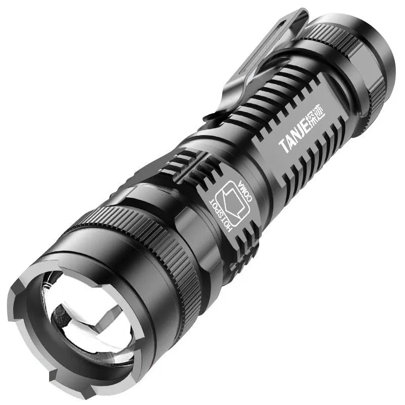 Black mini aluminium alloy LED flashlight with telescopic zoom head and pocket clip.