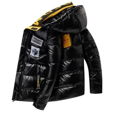 Men's black padded jacket with zip front and zippered pockets on solid background