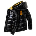 Men's black padded jacket with zip front and zippered pockets on solid background