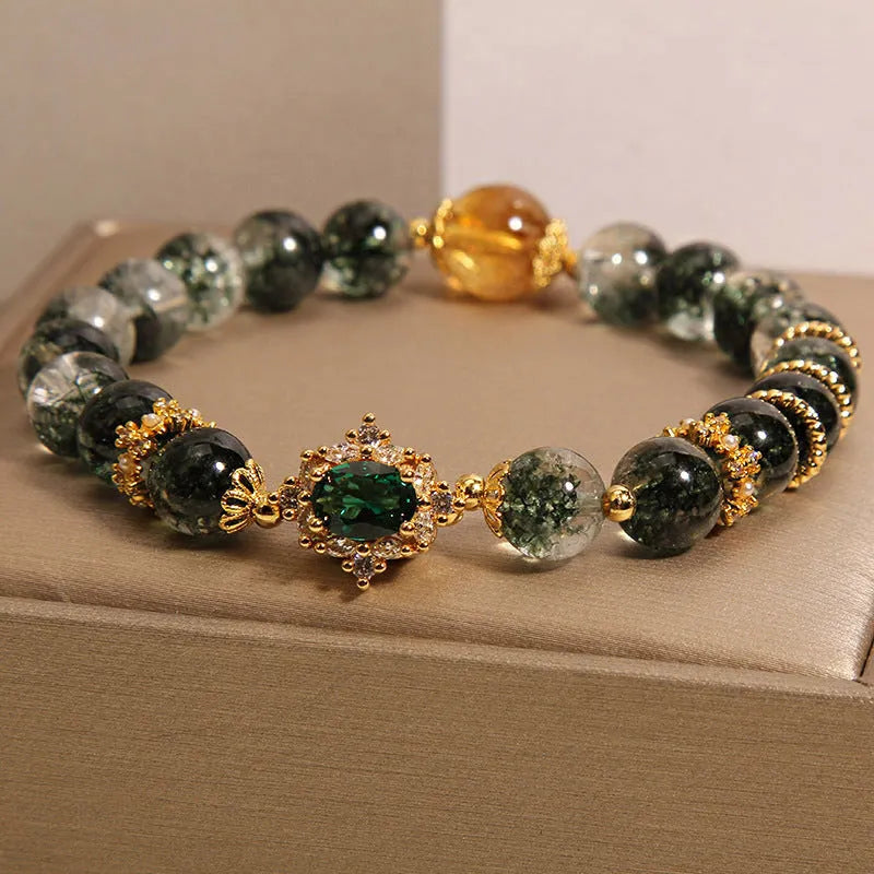 Women's green phantom quartz crystal bracelet with gold rutilated quartz accents and pearl detailing