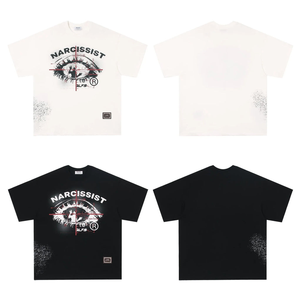Short sleeve cotton T-shirt with retro hip hop gothic letter pattern in black and white colours