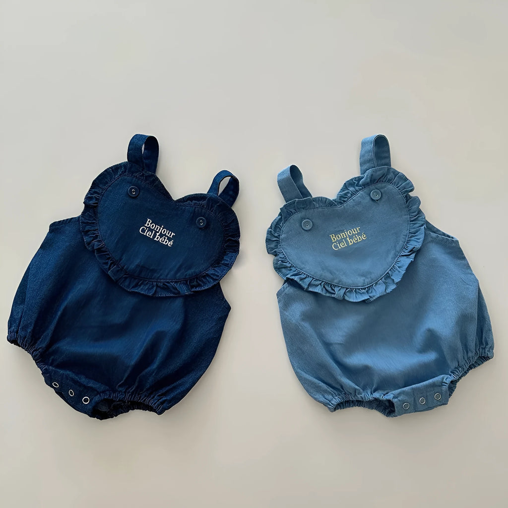 Newborn pure cotton embroidered denim romper in dark blue, sleeveless triangle jumpsuit on white background
