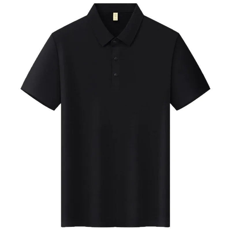 Men's solid colour slim fit T-shirt with seamless lapel neckline and short sleeves.