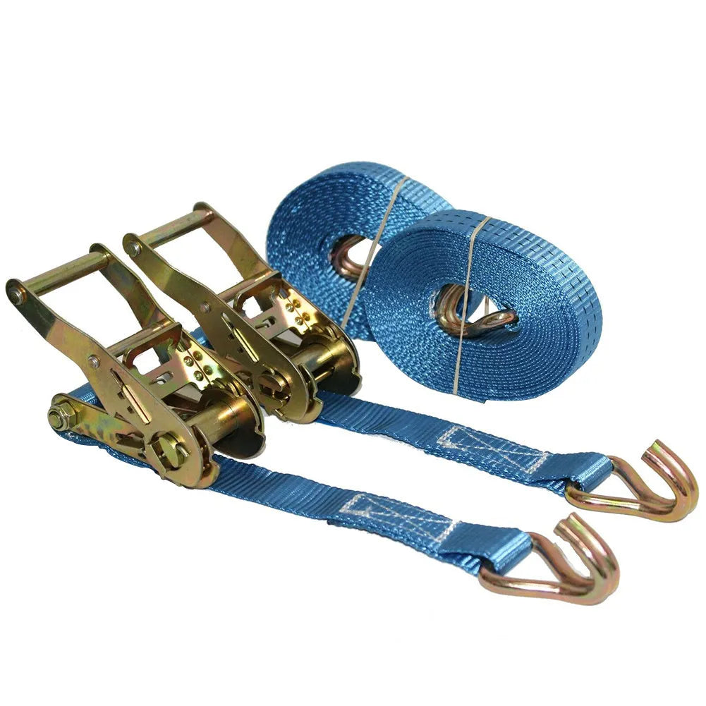 Steel ratchet tensioner tool with a black polyester strap and double metal hooks for securing cargo.