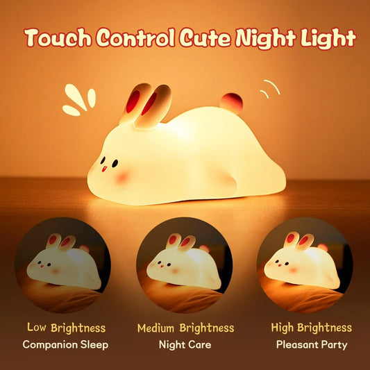 Adorable LED bedside lamp with soft silicone material, touch control, and 3 brightness levels for soothing nightlight use