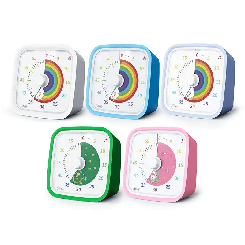 Anti-fall cartoon children's mute timer alarm clock with plastic shell, 10x10x6cm, rainbow lens design