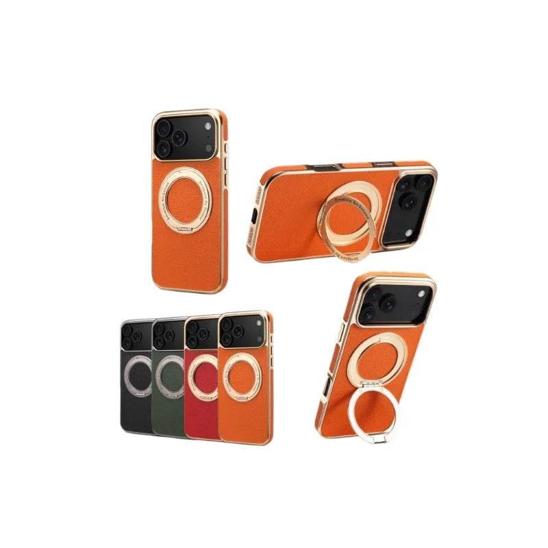 Genuine leather magnetic iPhone case with bracket in green, black, orange or red