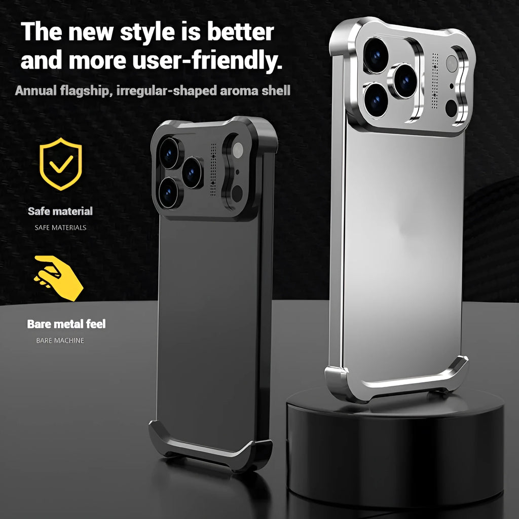 Translucent aluminium alloy phone case with laser finish in black, fitting iPhone 14 Pro