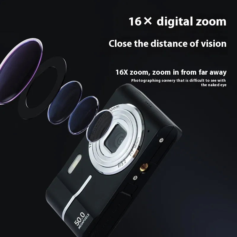 Compact student mini digital camera in black, green, pink, or white with lanyard.