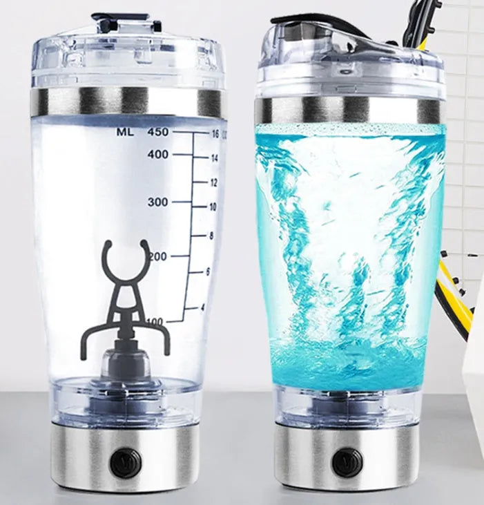 Stainless steel colour USB rechargeable electric blender bottle with motorised lid and 600ml capacity.