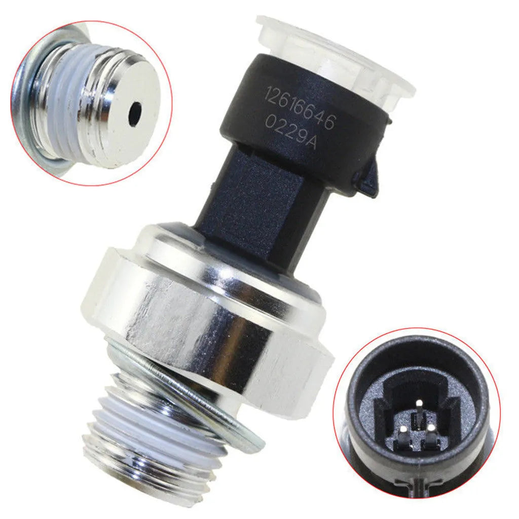 GM compatible oil pressure sensor for Buick and Chevrolet vehicles, part numbers 12573107 12567323 shown.