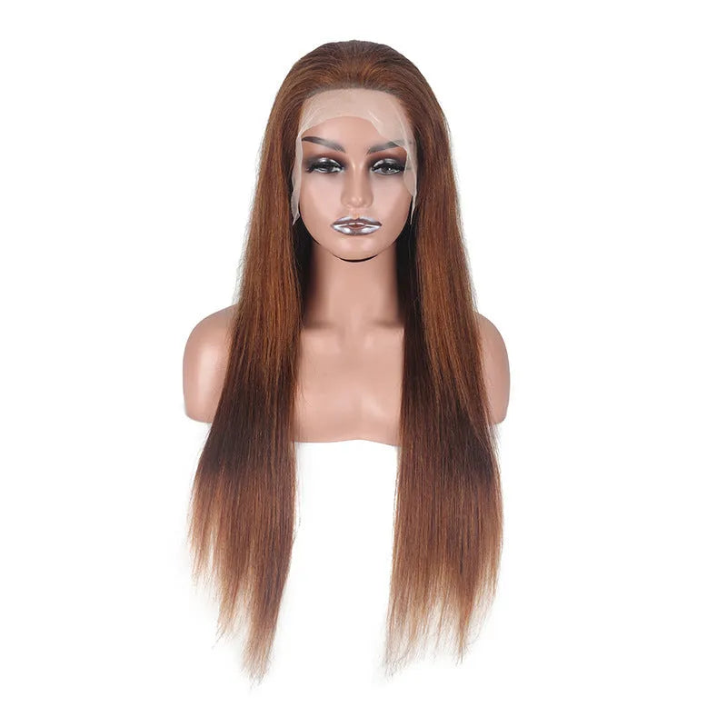 Front lace human hair wig in dark brown with 13x4 lace front, showing natural hairline and long length