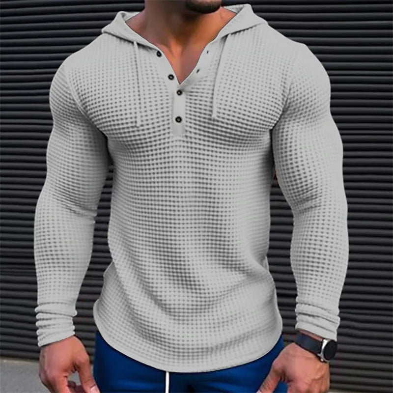 Men's pullover casual long sleeve waffle t-shirt in solid colour with hood, slim fit, front view